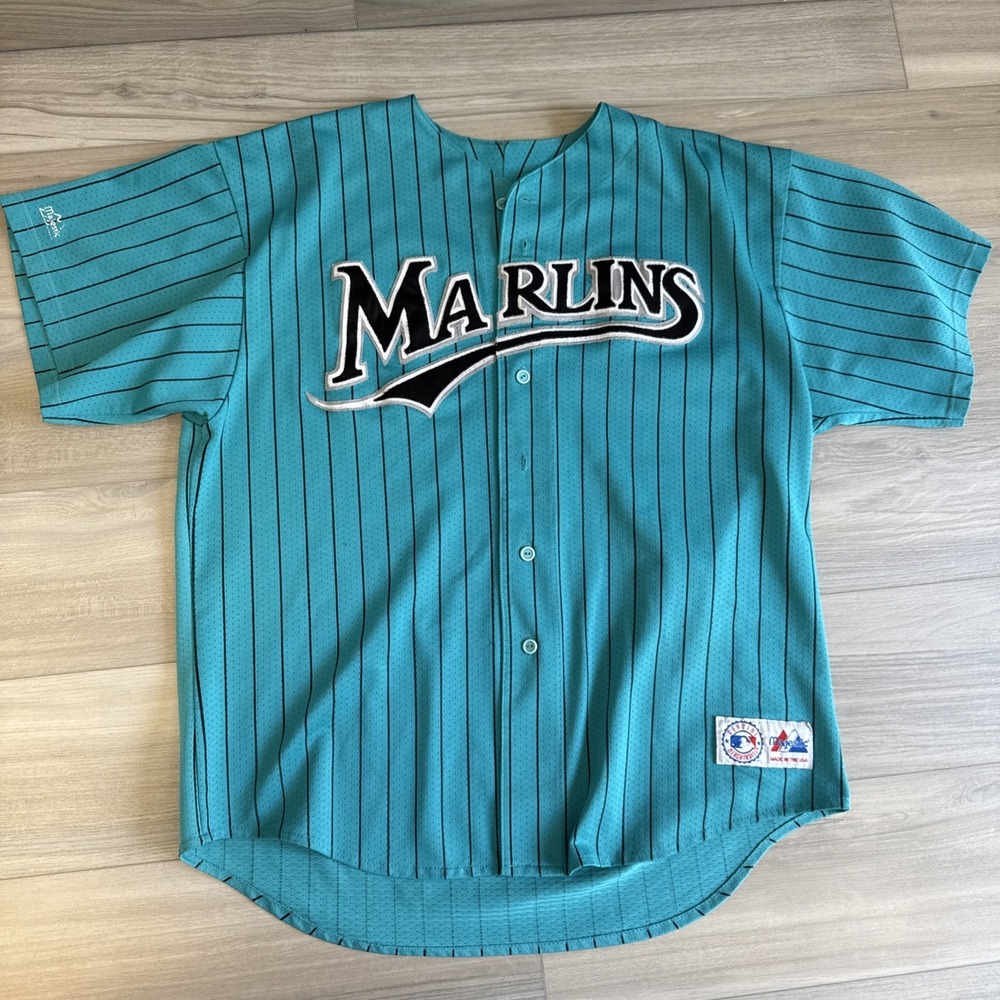 Vintage 1990s Florida Marlins MLB Majestic Pin Stripe Baseball Jersey Mens XXL